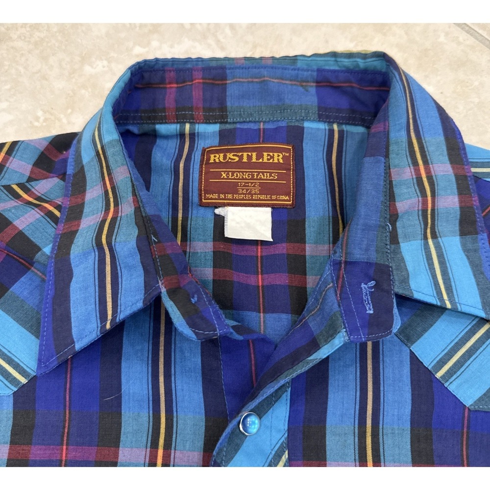 VTG Rustler Shirt Mens 17.5/34-35 Plaid Western Pearl Snap X-Long Tails Rodeo